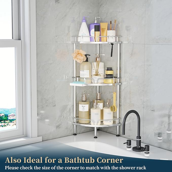 Consumest Corner Shower Caddy Stand - 3 Tier Shower Organizer with Soap Holder, Tall Floor Corner Shelf Standing with Adjustable Feet & 4 Hooks, Storage Rack for Bathroom, Silver