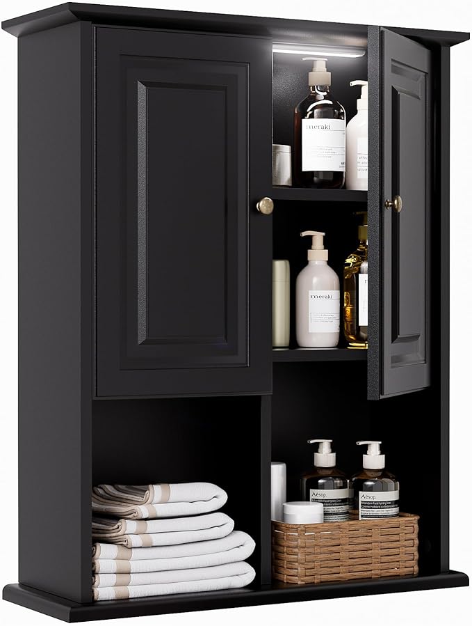 HAIOOU Bathroom Wall Cabinet with Motion Sensor LED Light, Wooden Medicine Cabinet Wall Mounted Cupboard, Over Toilet Storage Cabinet with Buffering Hinges and Adjustable Shelf - Black