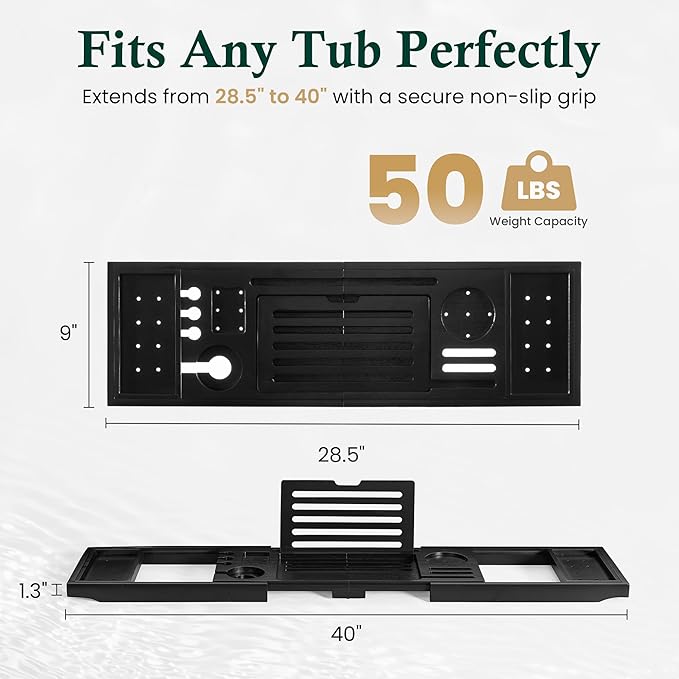 Bamboo Bathtub Tray Caddy - Splash-Proof Adjustable (28.5-40") with Wine Holder, Tablet Stand & Non-Slip Grip | Spa-Grade Organizer for Bath Essentials & Reading- Black