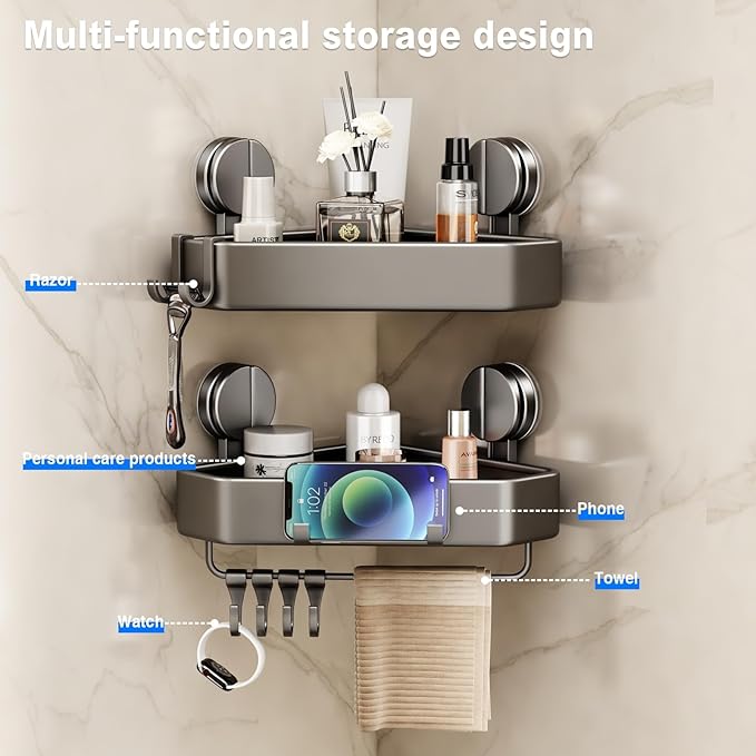 Suction Cup Shower Caddy Corner, 2 Pack Suction Corner Shower Shelves No Drilling, Rustproof Shower Organizer Suction Cup with Towel Holder & Hooks Removable Bathroom Storage Rack(Gray)