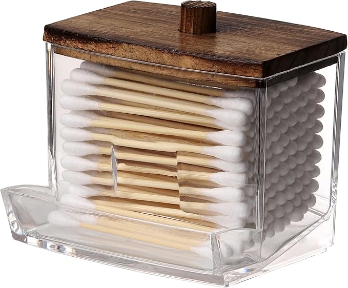 Tbestmax 7 OZ Cotton Swab Pads Holder, Qtip Cotton Buds Ball Dispenser, Bathroom Containers Apothecary Jar for Storage Brown Wood Lids 1 Pcs