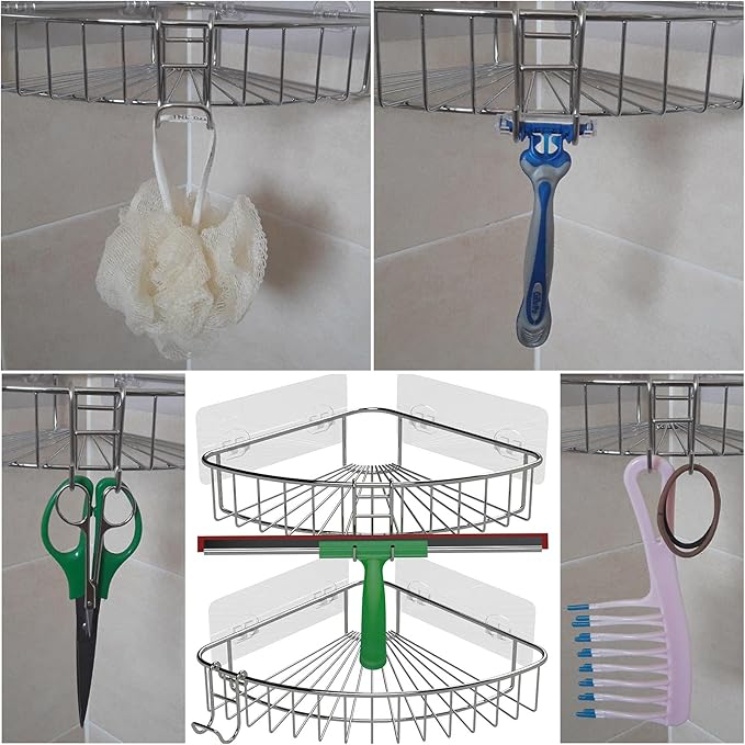 Shower Caddy Shelf Basket Rack Hooks Stainless Steel Metal Bathroom Hangers Hanging for Loofah Robe Massage Towel Squeegee Sponge Razor 2 Pack