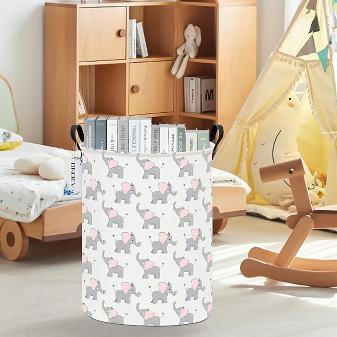 Round waterproof laundry basket,laundry Hampers with handle,gift basket,suitable for children's room and toy storage (Elephant calf)