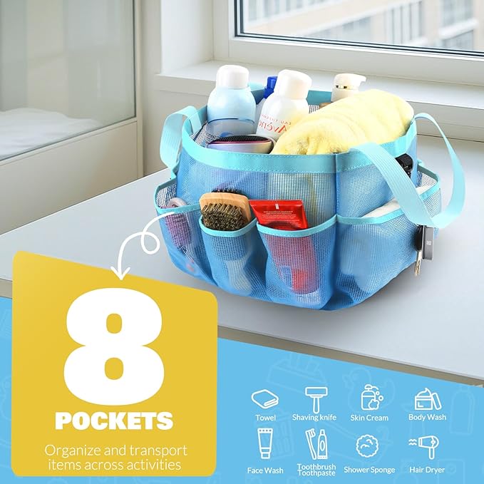 Mesh Shower Caddy Portable for College Dorm Room Essentials with 8 Pockets, Shower Bag for Beach, Swimming, Gym, Travel, Bathroom(All blue)