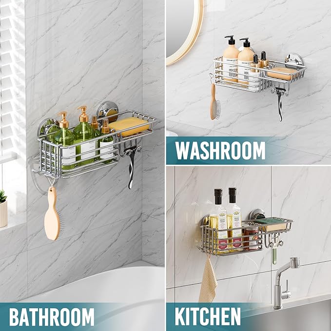 TAILI Suction Shower Caddy with 4 Hooks 1Tier-Silver