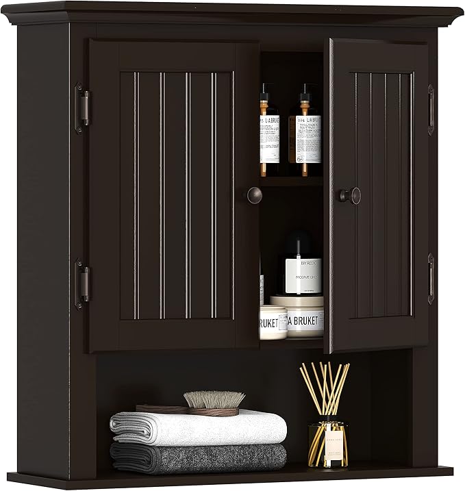 UTEX Bathroom Cabinet Wall Mounted, Wood Hanging Cabinet, Wall Cabinets with Doors and Shelves Over The Toilet, Espresso