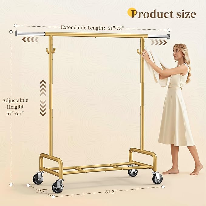 Raybee 75" W Heavy Duty Clothes Rack Load 450 LBS, Metal Garment Storage with Shelf, Lockable Wheels & Anti-Slip Stoppers, Rolling Clothing Rack for Bedroom Laundry Room, Gold