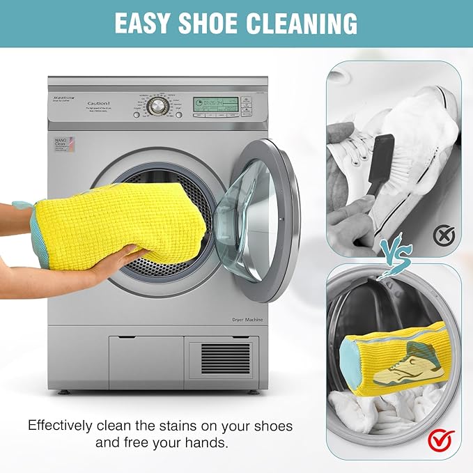 Shoe Washing Machine Bag, Shoe Laundry Bag for Washer and Dryer, Include Dry Net Bag, Reusable and Durable Zipper with Hook Design, Shoe Washing Bag for Sneaker (Yellow, 2 Pack)