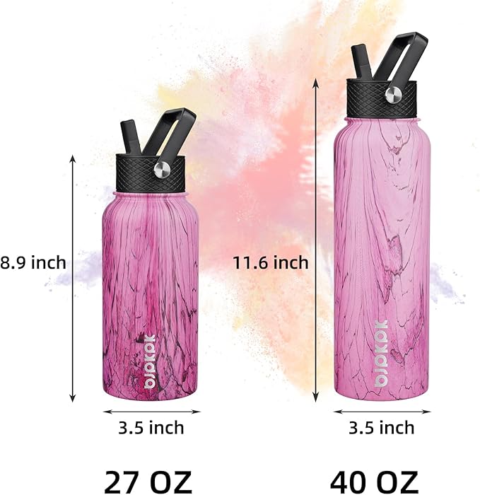 BJPKPK Insulated Water Bottles with Straw Lid, 40oz Stainless Steel Water Bottles with 3 Lids, BPA Free Leakproof Thermo, Tumblers, Cups for Sports, Gym- Wood Pink