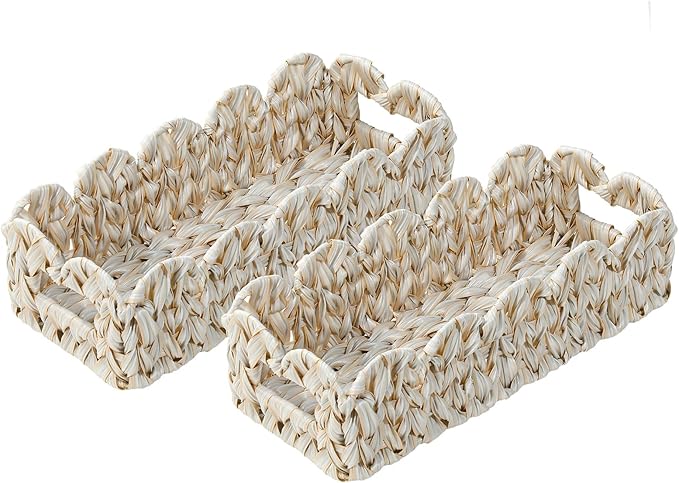 Toilet Basket,Set of 2 Scalloped Baskets for Paper Storage,Back of Toilet Tank Basket for Shelves,Countertop,Tank Topper,White,Rectangle