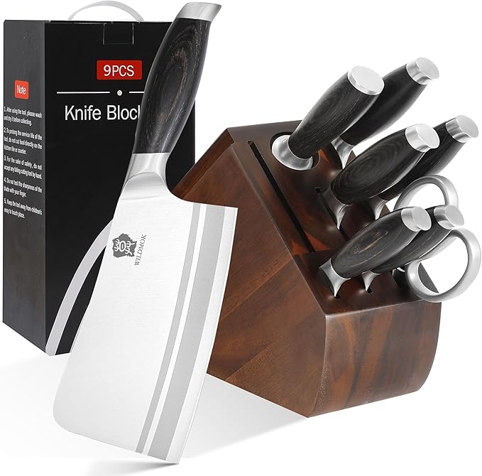 WILDMOK Kichen Knife Block Set, 17-piece Knife Set with Wooden Block German Steel Kitchen Knives Sets with Bone Chopper, Gift Box