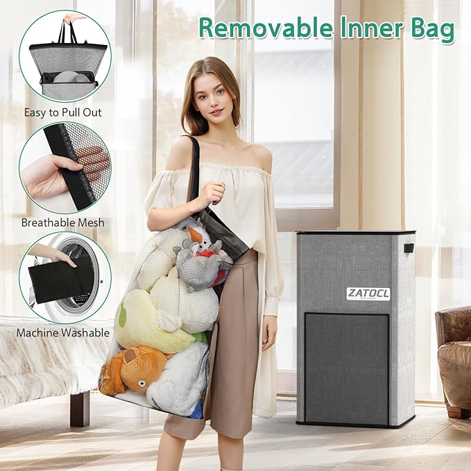 Laundry Hamper with Lid 110L, Large & Tall Laundry Basket with Removable Bag & Front Mesh Bag, Collapsible Dirty Clothes Hampers for Bedroom Aesthetic, Bathroom, Dorm, Laundry Room - Easy Carry, Grey