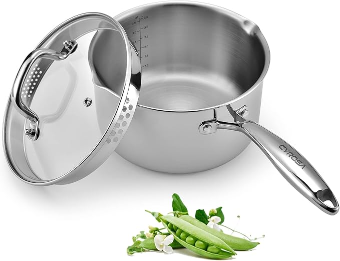 Stainless Steel Saucepan with Glass Lid, 2.0 Quart Multipurpose Sauce Pan, Sauce Pot with for Easy Pour with Ergonomic Handle