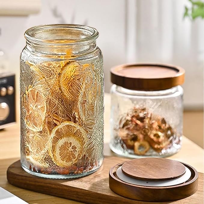 34 OZ Airtight Glass Storage Jar with Bamboo Lid - Vintage Glass Jar Vintage Food Containers Canisters Set for Kitchen Counter & Pantry - Ideal for Sugar, Flour, Coffee, Tea, Candy, Oats -2 Pack