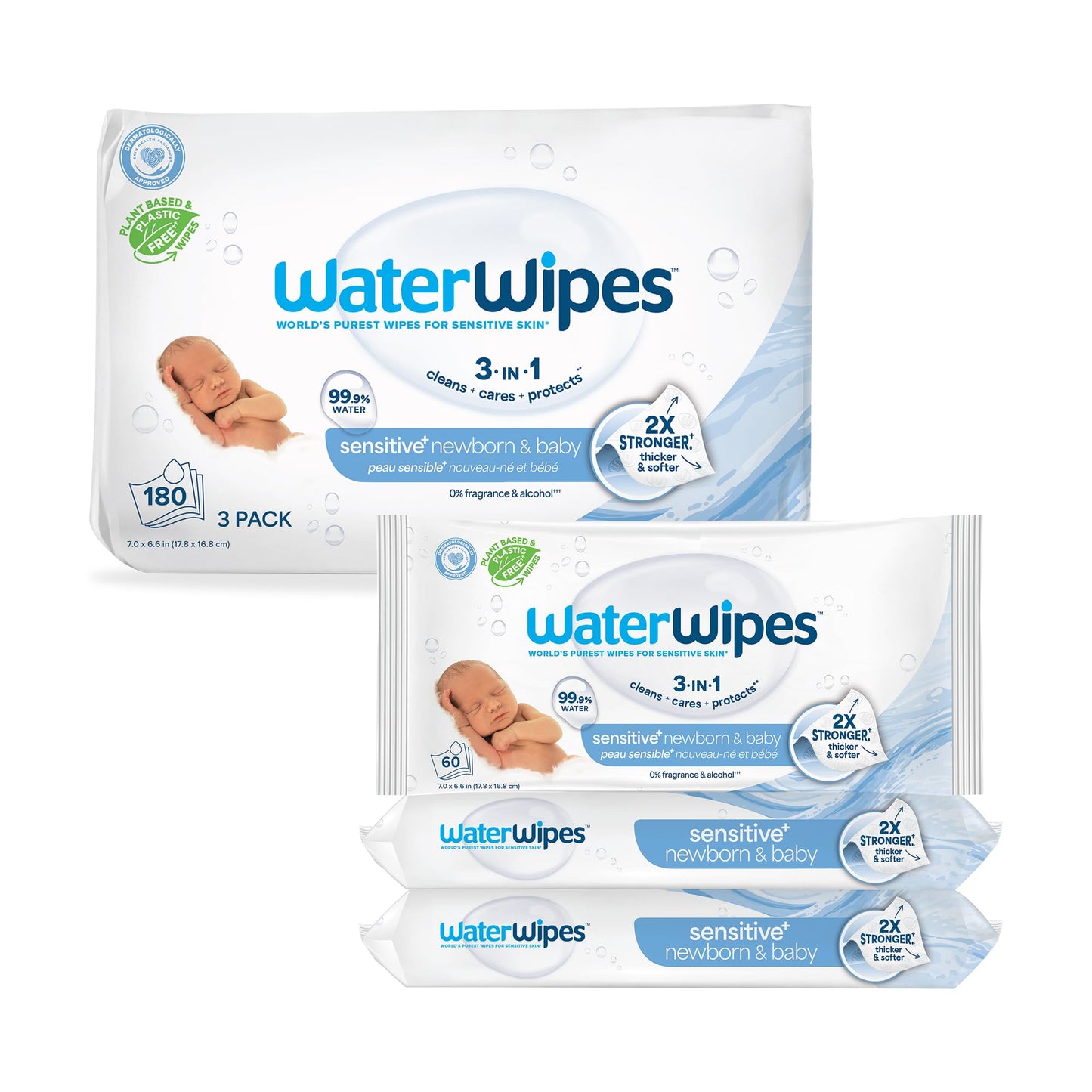 WaterWipes Sensitive+ Newborn & Baby Wipes, 3-In-1 Cleans, Cares, Protects, 99.9% Water, Unscented & Hypoallergenic, 1080 Count (18 Packs)
