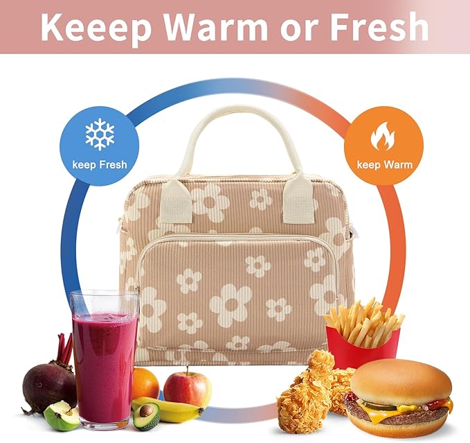 Lunch Bag Women Lunch Box for Women Adult Cute Insulated Lunch Bag Lager Cooler Lunch Tote Bags for Work Picnic (Brown-Flower)