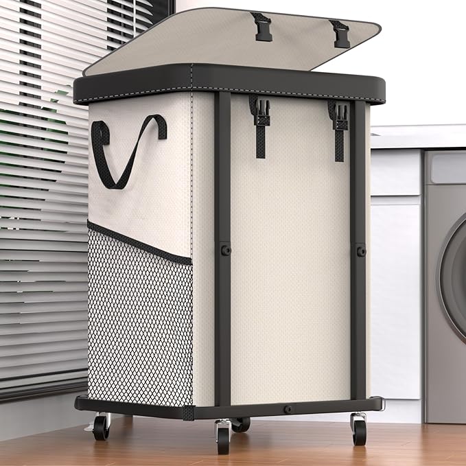 150L (40 Gal) Large Fashion Laundry Basket with Wheels, Leather Patchwork Rolling Hamper Carts, Sturdy Metal Frame, Removable Washable Bag, Tall Clothes Sorter for Bedroom, Laundry Room - Beige