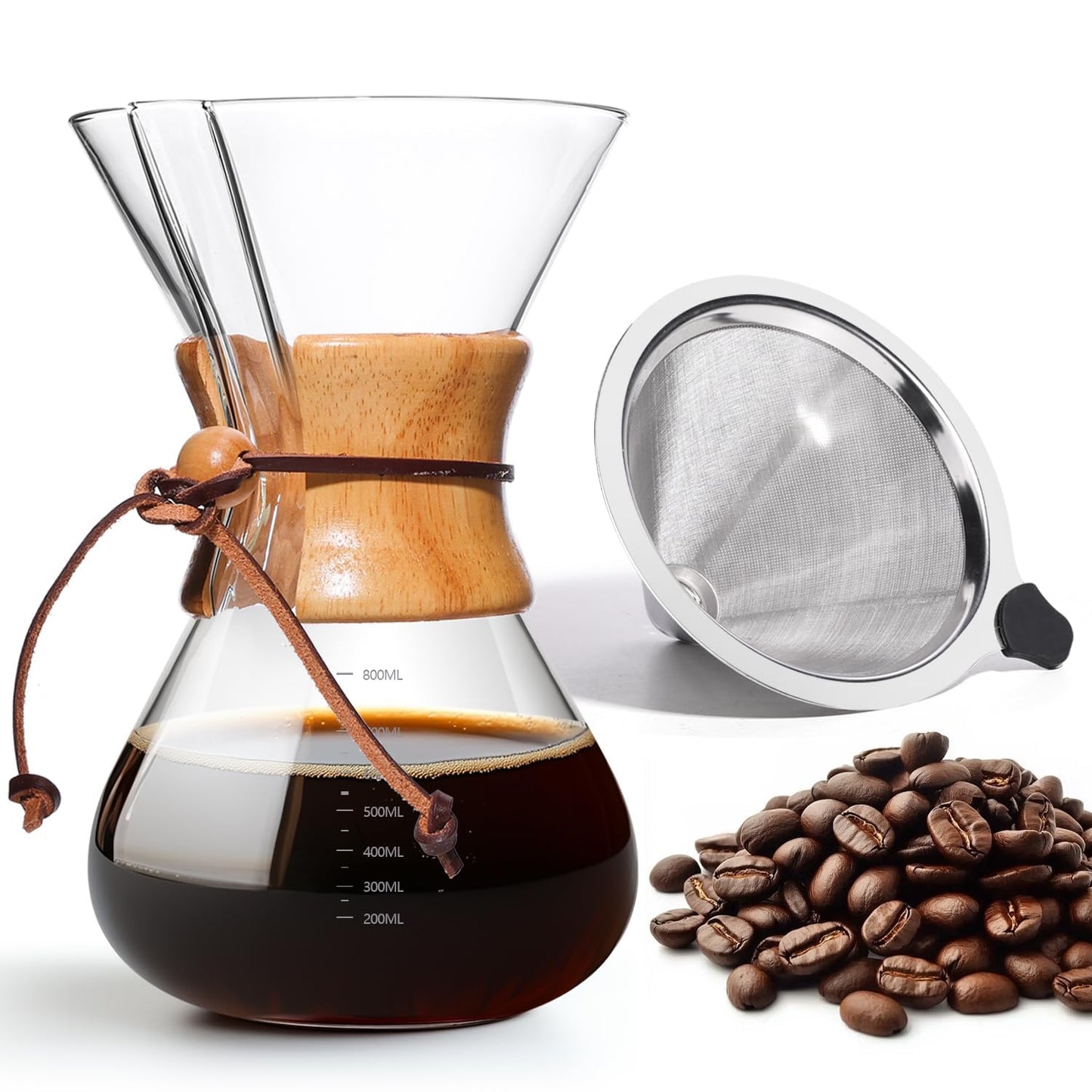 Yopinmall Pour Over Coffee Maker 20 OZ, 6 Cup Borosilicate Glass Drip Coffee Maker with Reusable Stainless Steel Filter and Cork Grip for Home Café 600 ML