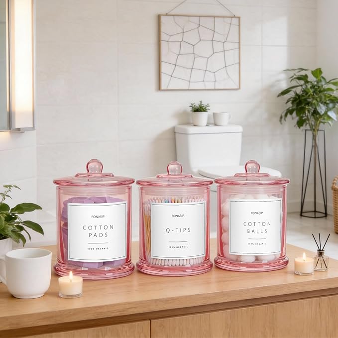 3 Pack Qtip Holder Dispenser, 16oz Bathroom Organizer and Storage Canisters, glass vanity organizer with lid - Home Decor, Room Decor Aesthetic (Pink)