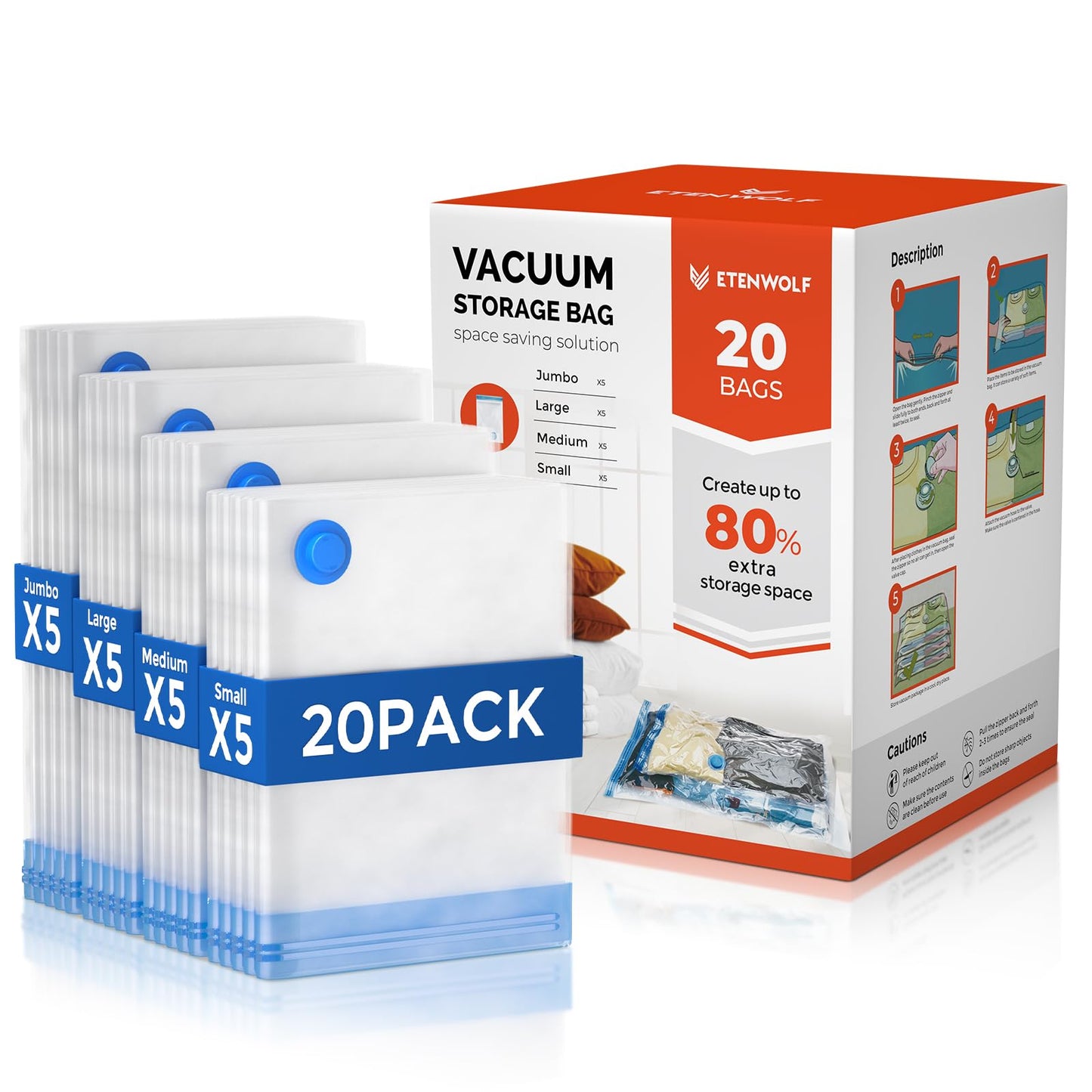 ETENWOLF 20 Combo Vacuum Storage Bags for Travel with Wireless Pump