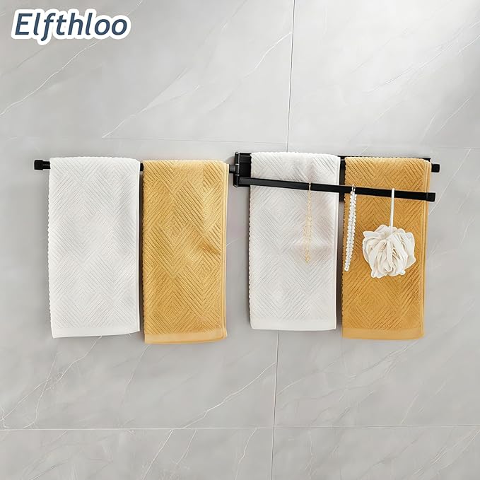 Swivel Foldable Towel Rack, Elfthloo 41cm(16 in) Rotating 3-Arm Towel Bar Rod, Space Saving Wall Mounted Holder, Stainless Steel Swing Out Hanger for Bathroom, Kitchen (1 Pack, Black)