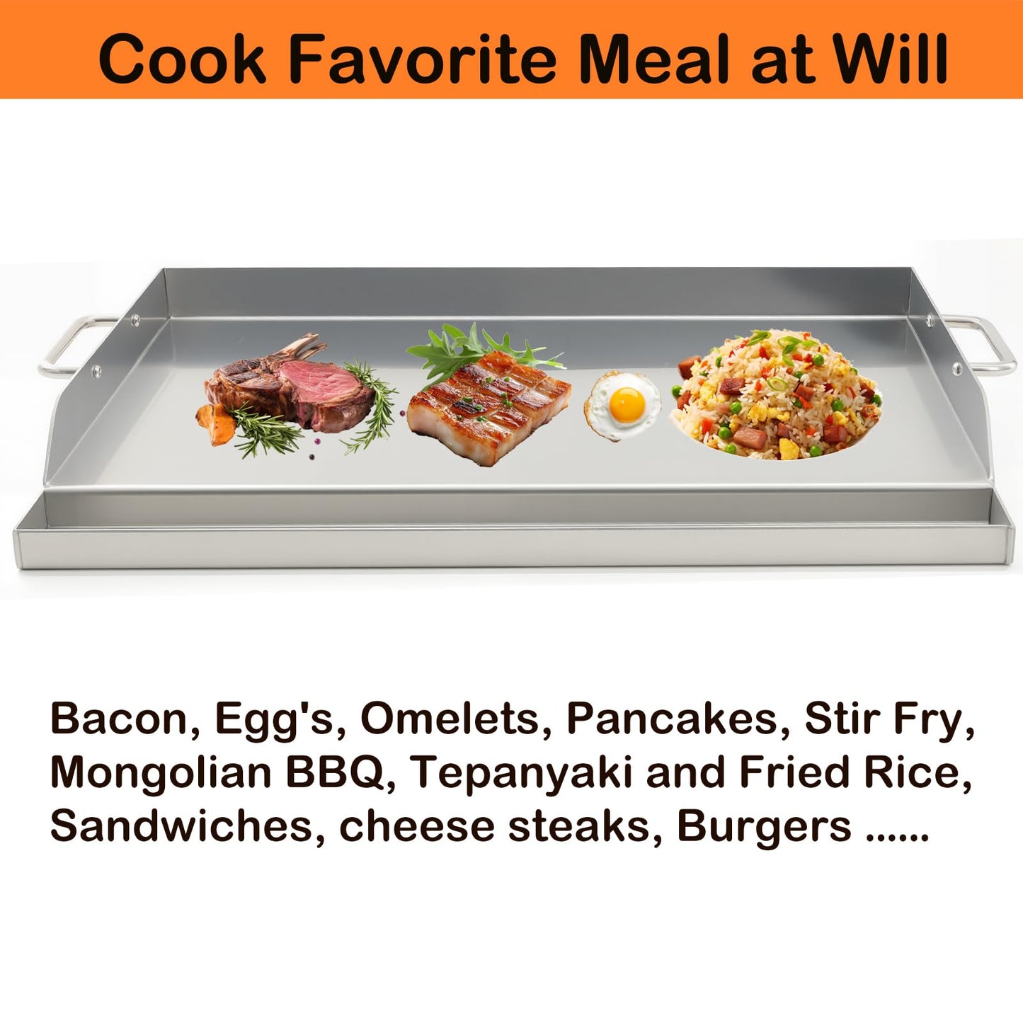 DEWOSEN Universal Stainless Steel Griddle Flat Top Plate Grill-Top Griddle Pan with Even Heating Cross Bracing for BBQ Charcoal/Gas Grills, Camping, Tailgating, and Parties (23"*16")