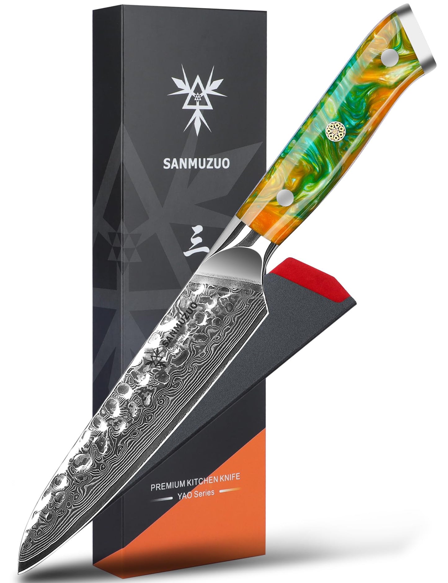 SANMUZUO Steak Knives Set of 4, Ultra Sharp Kitchen Steak Knife 5 Inch - Forged Damascus Steel & Resin Handle - Yao Series
