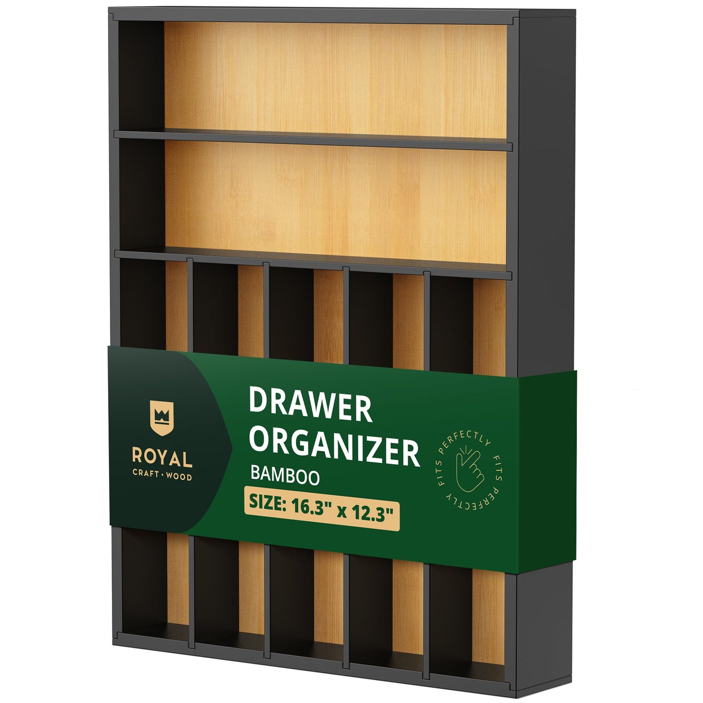 ROYAL CRAFT WOOD Luxury Bamboo Kitchen Drawer Organizer - Silverware Organizer - Utensil Holder and Cutlery Tray with Grooved Drawer Dividers for Flatware and Kitchen Utensils (7 Slot, Gray)