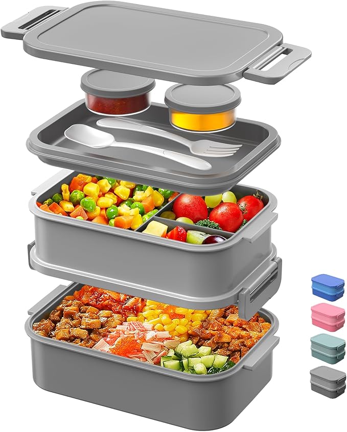DaCool 2 Pack Adults Lunchbox Bento Box 74 OZ Stackable Lunch Box for Kids Adults Men Women Teens Leakproof Bento Large Lunch Box Container with Fork Spoon Sauce Box for School Work,Grey,Morandi-Green