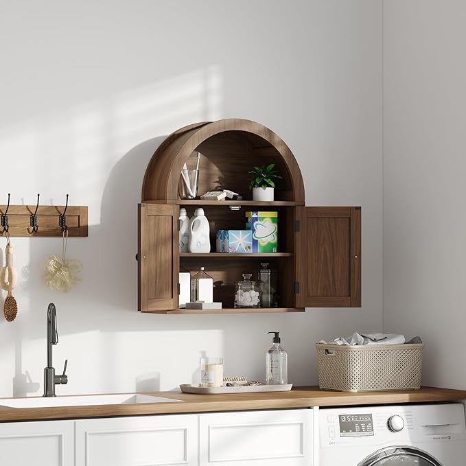 ChooChoo Arched Wall Cabinet, Bathroom Cabinet Wall Mount Over The Toilet with Display Shelf, Double Door Medicine Cabinet, Wooden Storage Cabinet for Kitchen, Living Room or Entryway, Walnut
