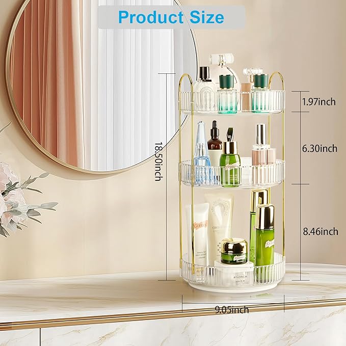 360 Rotating Makeup Organizer - Large Capacity Spinning Perfume & Cosmetic Skincare Holder for Countertop (Pearl White, 3 Tier)