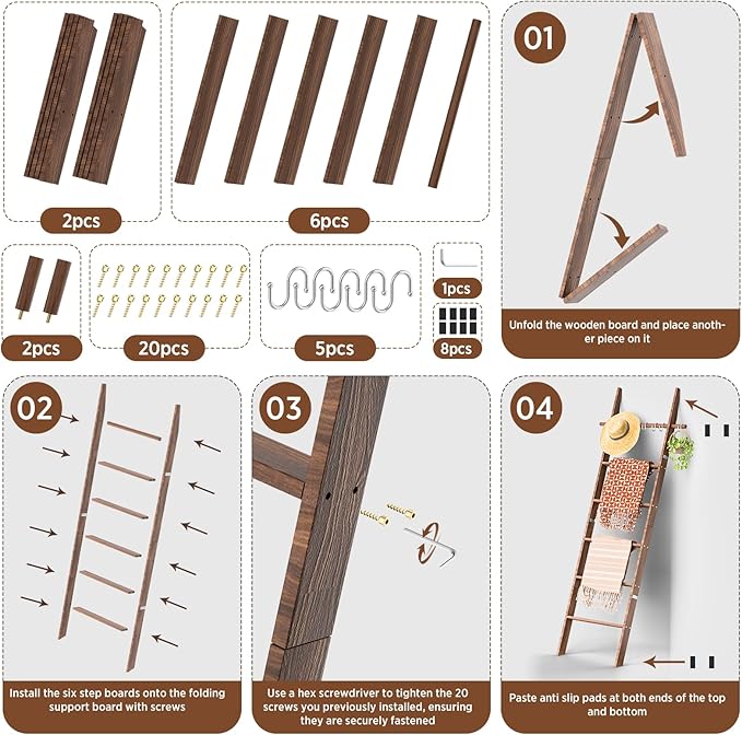 Farmhouse 6 Ft Wooden Blanket Ladder with Removable Hooks, 6-Tier Rustic Blanket Rack Decorative Stand, Leaning Towel Quilt Rack Holder for Bathroom Living Room Decor Brown