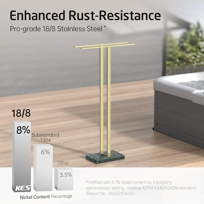 KES Standing Towel Rack with Green Natural Marble Base, 37" Equal-Height Bath Towel Holder Stand for Bathroom Floor, Fits Large Bath Towel, 18/8 Stainless Steel Brushed Gold, BTH229-GBZ