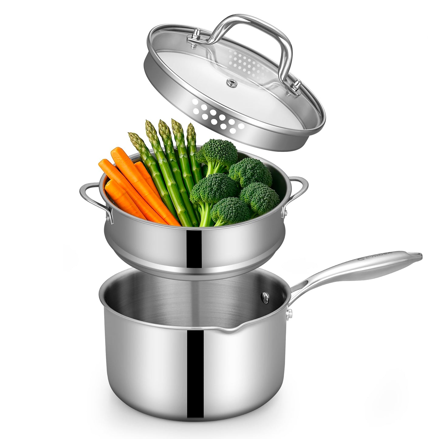 Fracoda 3.5 Quart Stainless Steel Pot Saucepan with Glass Strainer Lid, Sauce Pot with Two Side Spouts, Induction Cooking Pot, Multipurpose Sauce Pan with Lid for Cooking(Tri-Ply Full Body)