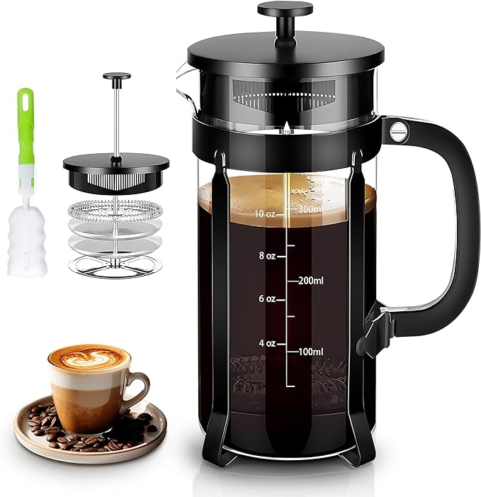 YMMIND 34 Ounce French Press Coffee Maker, 5-Cup Espresso Coffee Maker, Grey Cold Brew Heat Resistant Thickened Borosilicate Coffee Pot with 4 Stainless Steel Filter Screens