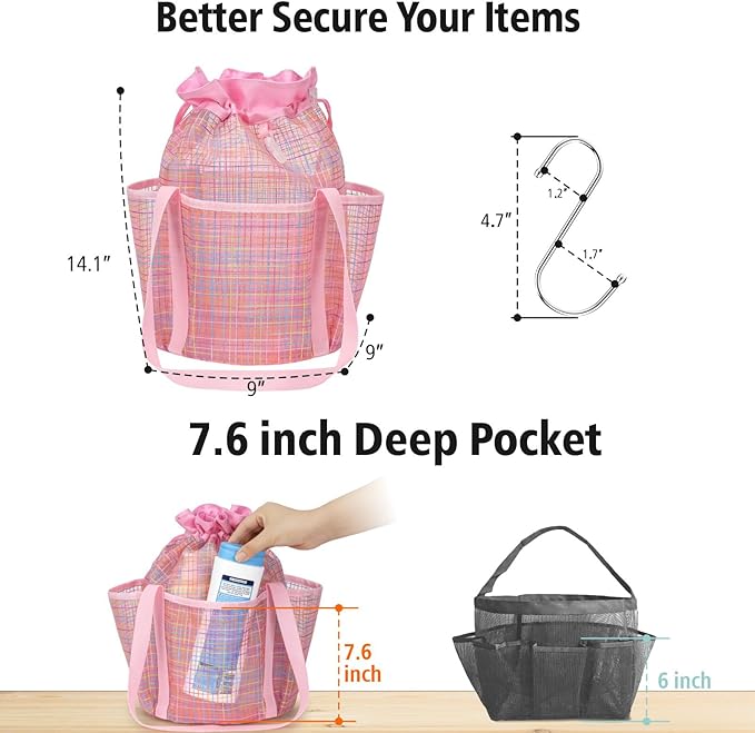 F-color Mesh Shower Caddy Portable with Drawstring - Tall 5 Pockets Dorm Room Essentials for Guys Girls with S Hook, Shower Bag Basket Tote for College Camping Travel Toiletry Bathroom, Pink Grid