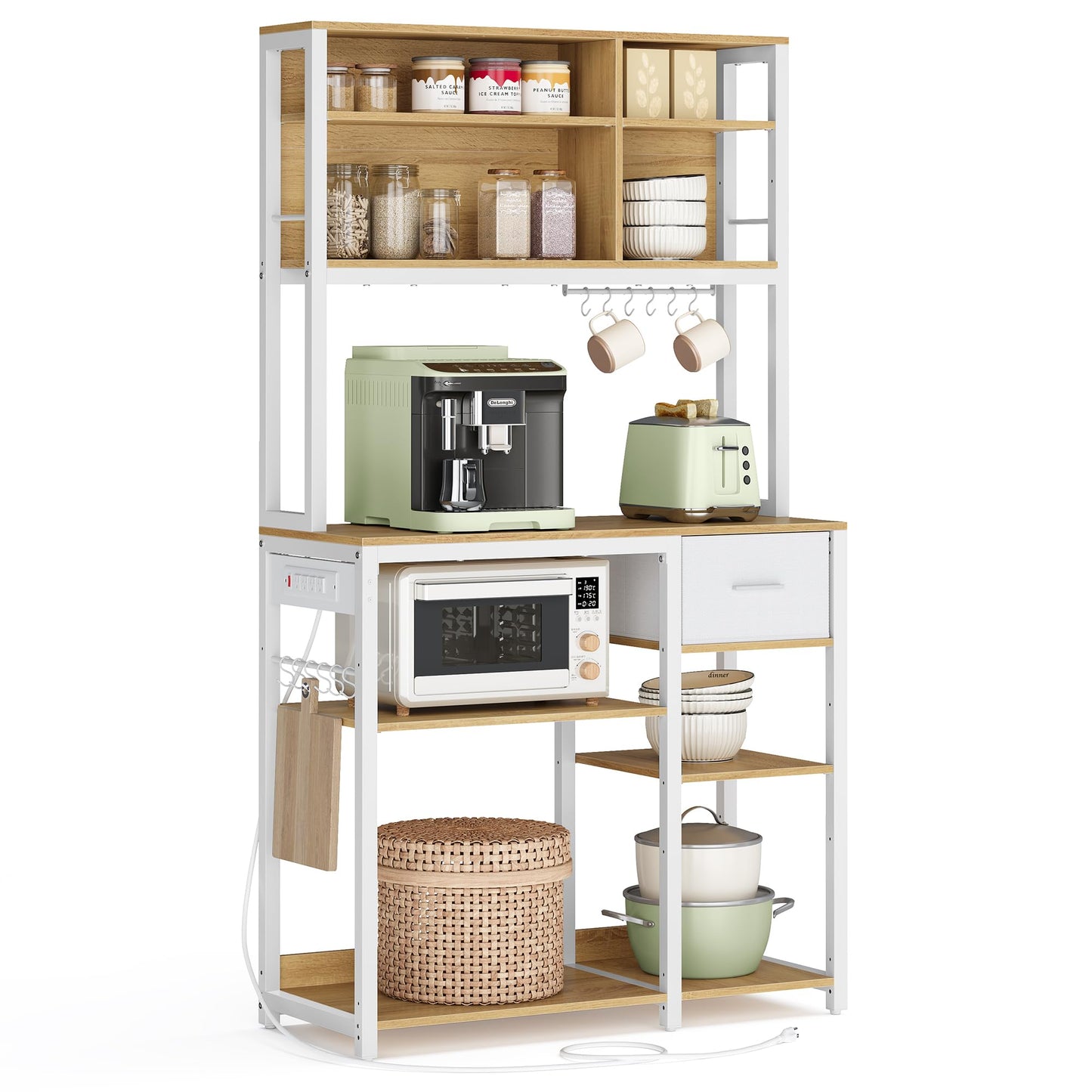 VASAGLE Bakers Rack with Charging Station, Coffee Bar, 12 Hooks