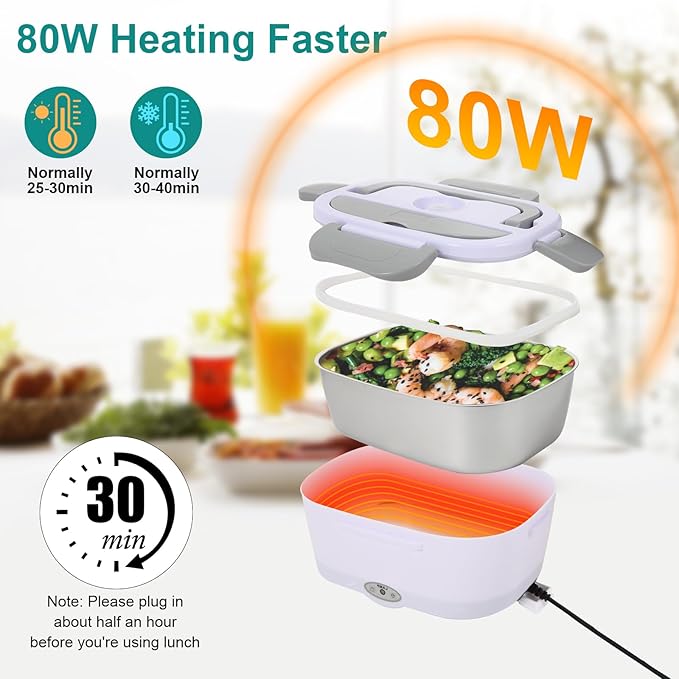 Electric Lunch Box Food Heater, 80W Heated Lunch Box for Adults, 12V 24V 110V Portable Food Warmer LunchBox for Car Truck Work with Removable 304 Stainless Steel Container White