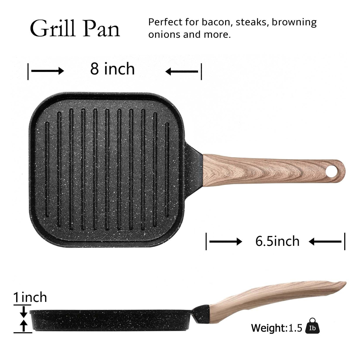 ESLITE LIFE Nonstick Grill Pan for Stove Tops, Versatile Griddle with Pour Spouts, 9.5 Inch Square Big Grilling Skillet Steak Pan for Indoor & Outdoor Cooking, PTFE & PFOA Free, Black