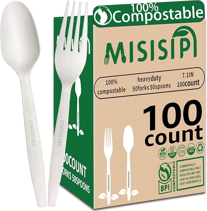 MISISIPI [7.1In 200Pcs] 100% Compostable Forks Biodegradable Forks HeavyDuty No Plastic Forks Eco-friendly HeavyWeight Disposable Forks Tableware Set for Lounge,Party,BBQ,Cafeteria,Wedding,Picnic