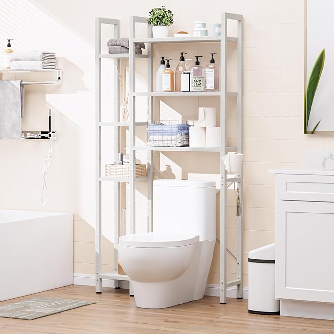 OTK Over The Toilet Storage with 7-Tier Bathroom Organizer Shelf, Freestanding Space Saver with Adjustable Feet & Hooks, Storage Rack for Bathroom, Restroom, Laundry, White