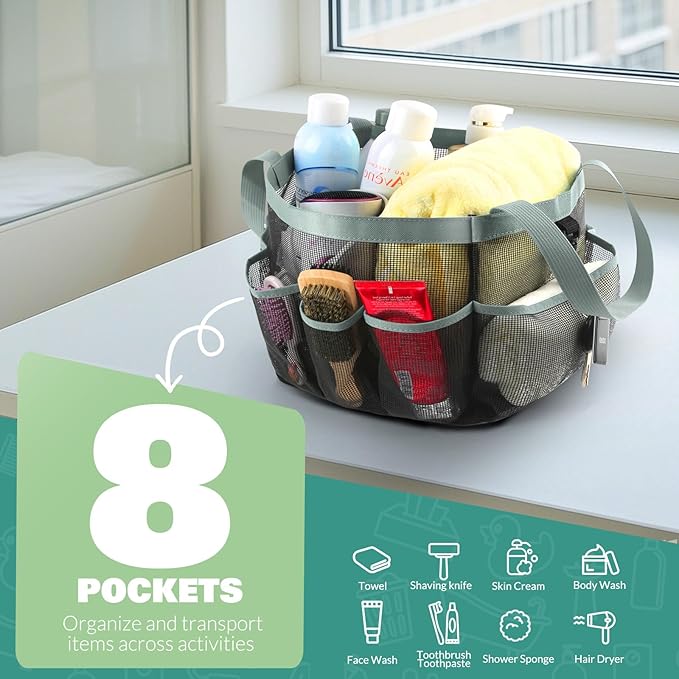 Mesh Shower Caddy Portable for College Dorm Room Essentials with 8 Pockets,Shower Bag for Beach,Swimming,Gym,Travel,Bathroom(Grey)