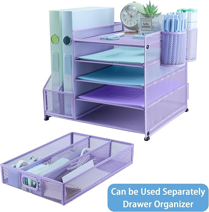 Desk Organiser File Holder With 2 Pen Holder, 5 Tier Paper Letter Tray Organiser with Drawer,Mesh Desktop Storage with Magazine Holder for Office Supplies, Purple