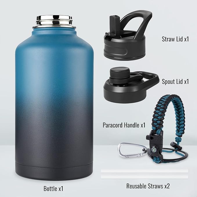 Half Gallon Water Bottle with 2 Lids (Straw & Spout), 304 Stainless Steel Sports Insulated Bottle with Handle, 64 oz Vacuum Double Walled Water Jug with Wide Mouth, BPA Free, Blue&Black