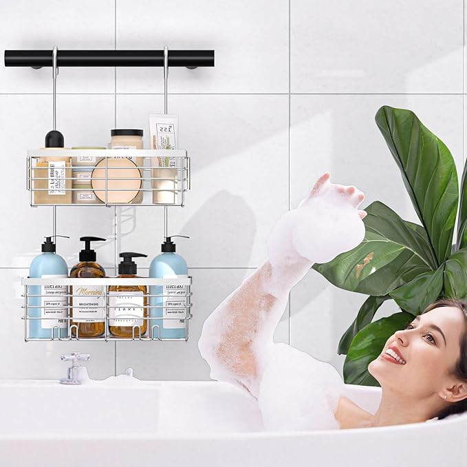 YUOROS Shower Caddy Hanging, 2 Tier Over the Door Shower Organizer Rack 304 Stainless Steel Rustproof Bathroom Storage Shampoo Holder Basket (Silver)
