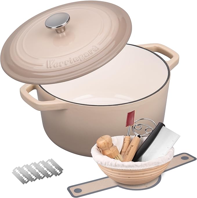 VORRINGARD Enameled Cast Iron Dutch Oven Pot with Lid, for Bread Baking, Round Bread Oven- include Sourdough Bread Baking Supplies Set, 4.5QT, Latte