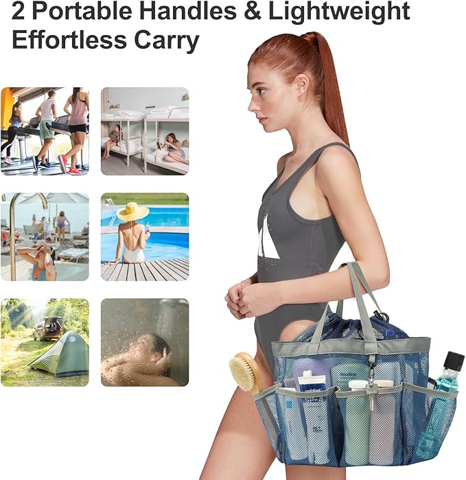 F-color Mesh Shower Caddy Portable with Drawstring - Large 8 Pockets Dorm Room Essentials for Guys Girls with S Hook, Shower Bag Basket Tote for College Camping Gym Travel Toiletry Bathroom, Blue