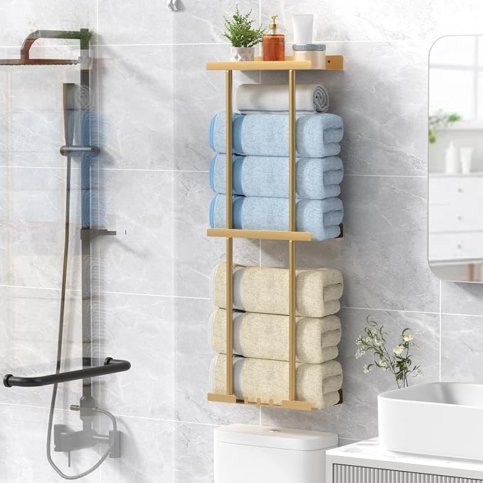 Towel Rack for Bathroom, Wall Mounted Vertical Rolled Towel Storage Organizer Holder with Shelf, Holds Up 6 Large Bath Sheets, Gold Large Size