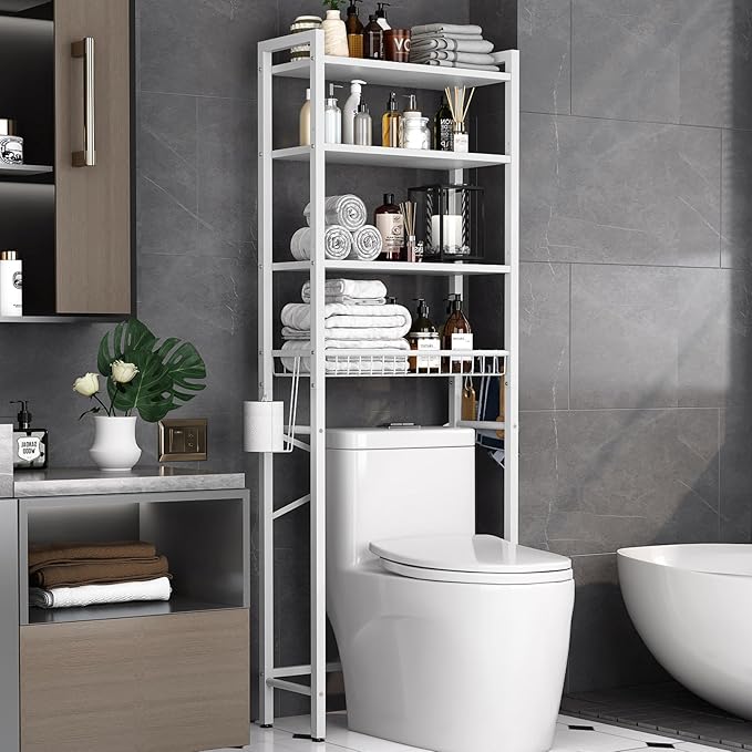 Over-The-Toilet Storage Rack, 4-Tier Bathroom Organizer Shelf Over Toilet with Adjustable Shelf and Basket, Freestanding Space Saver Bathroom Shelves Above Toilet for Room (Pure White)