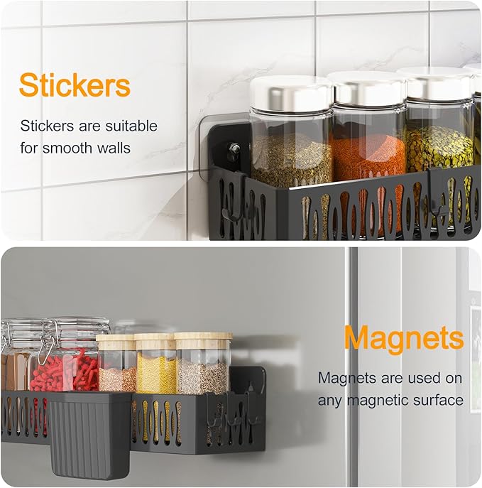 4 Pack Large Magnetic Spice Rack for Refrigerator, Spice Rack Organizer, Moveable Magnetic Shelf Fridge Organizer with 4 Hooks for Kitchen and Oven Organization, Black